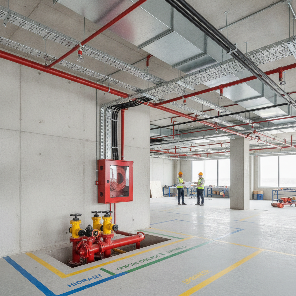 Yangın tesisat projesi örnek yerleşim: hidrant, yangın dolabı ve sprinkler zonları