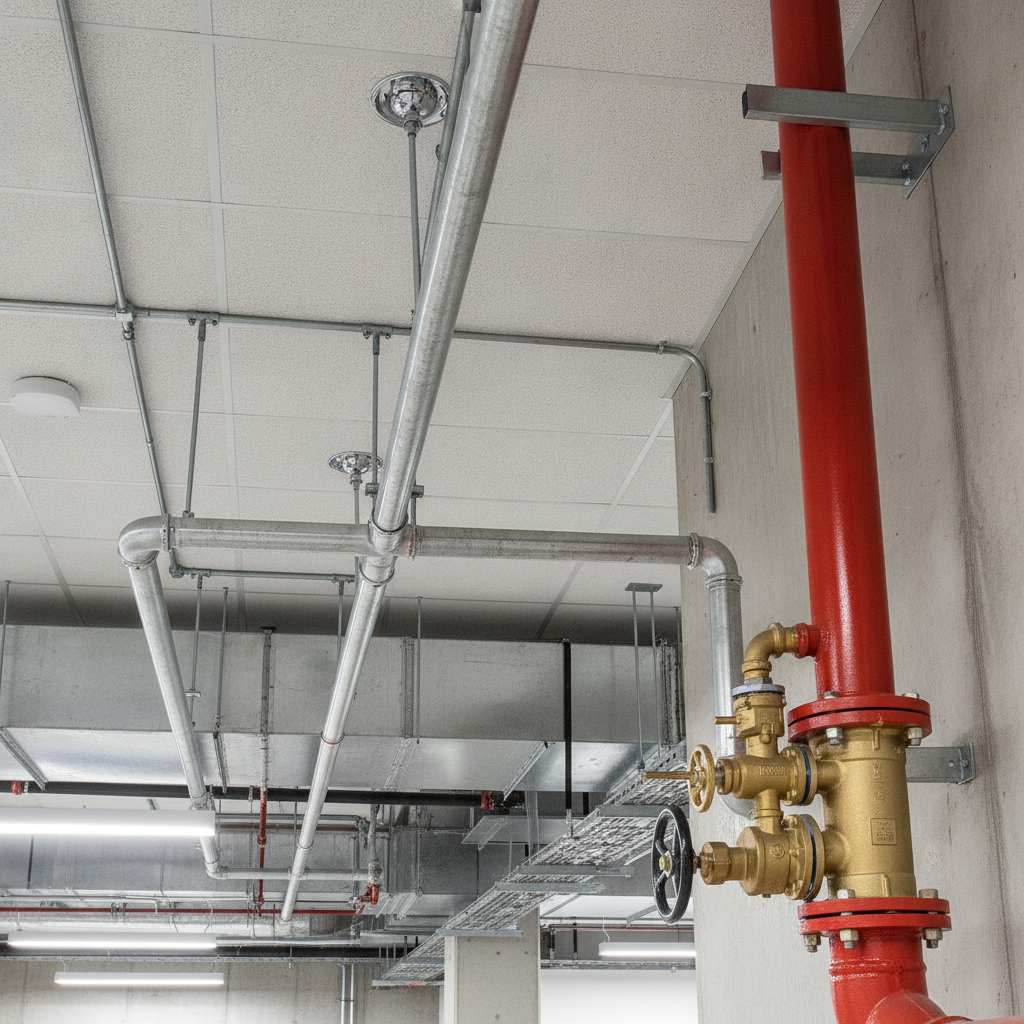 Otomatik sprinkler tesisatı bileşenleri: sprinkler başlığı, borulama ve vana grubu